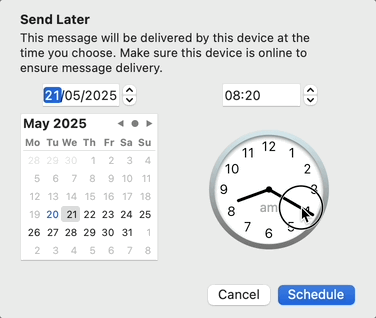 The Send Later interface in Apple Mail. The mouse cursor is moving, dragging the minute of a clock hand around its face
